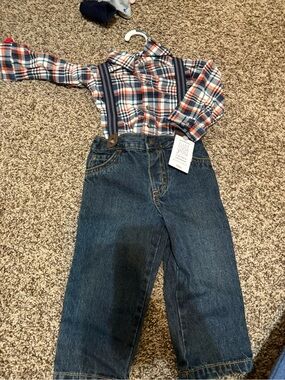 Carter's button down with Jeans and Suspenders